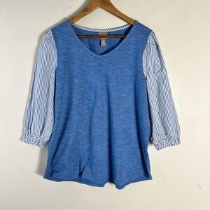 Chico’s Women’s Blue Mixed Media Top Shirt Size Medium Bubble Sleeve Peasant